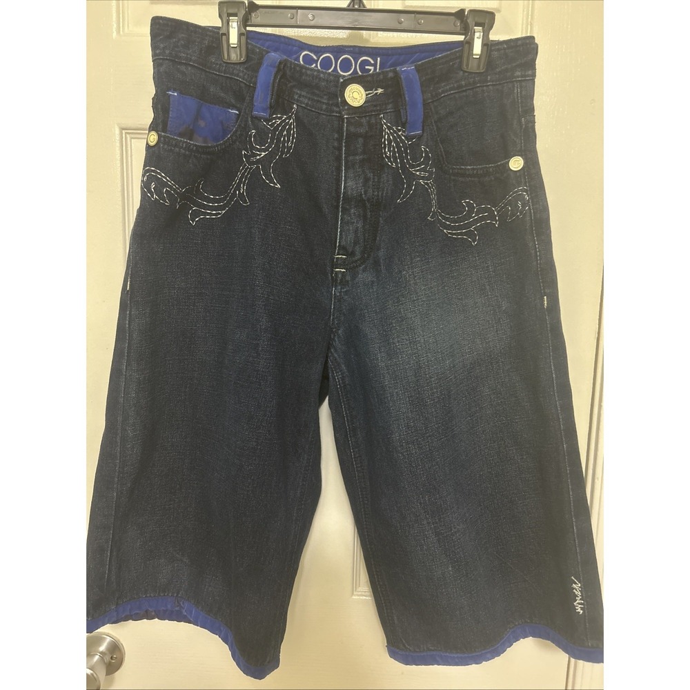 Coogi Shorts Men 34 Blue Baggy Embroidered Y2K Hip Hop Loose Denim Made In China